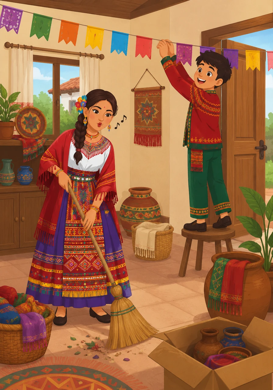 Inside their homes, everyone is busy tidying up and clearing away the old to make room for the new. Maya sweeps the floor with a rhythmic whistle while Leo helps hang colorful banners, showing that every special day begins with a fresh start and a clean space.