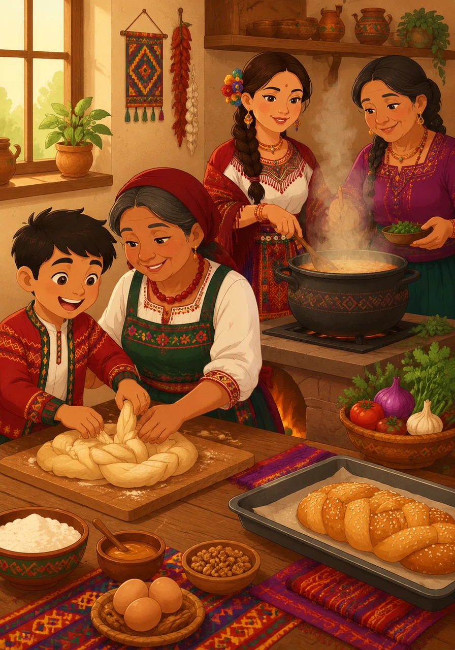 The kitchens are filled with the rich, spicy aromas of family recipes passed down through many generations. Leo’s family prepares a sweet braided bread while Maya’s family stirs a fragrant, steaming pot, both knowing that a shared meal is the physical heart of any gathering.