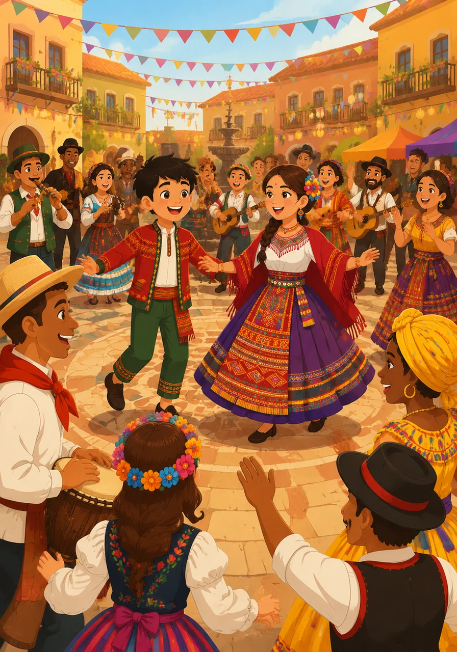 The streets fill with the sound of music and laughter as the whole community comes together to celebrate in a grand square. People dance and sing in a large circle, realizing that their individual traditions create a beautiful, diverse tapestry of shared human joy.