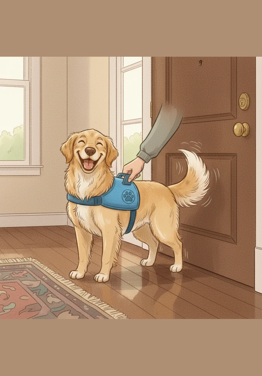 Kacey the Golden Retriever wiggles with excitement as her owner clips on her bright blue therapy dog vest. She knows today is a special day because she is headed to the local elementary school. With a happy bark and a wagging tail, she waits by the door, ready for her big adventure.