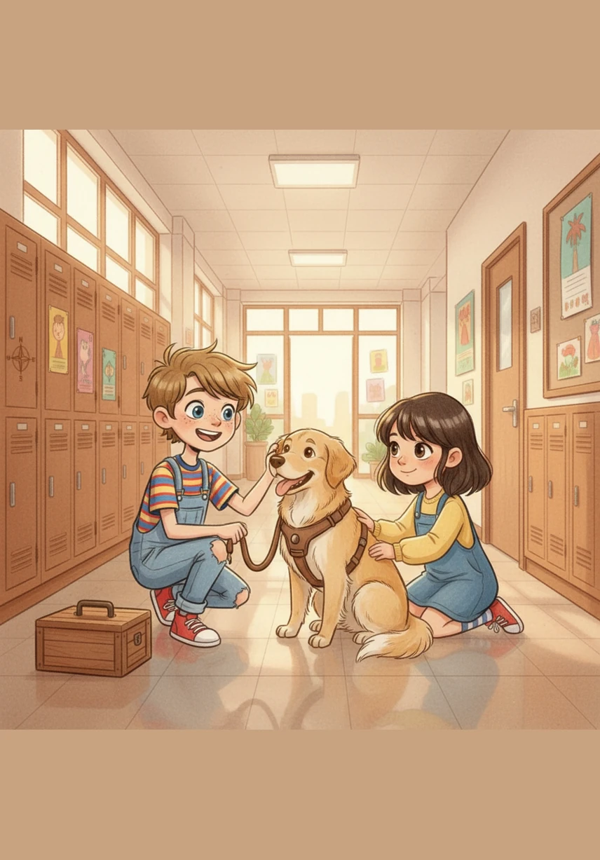 The school hallway is filled with bright posters and the sound of distant laughter. As Kacey walks through the doors, children whisper her name and wave with big smiles. Kacey keeps a steady pace, her soft paws clicking rhythmically on the polished floor.