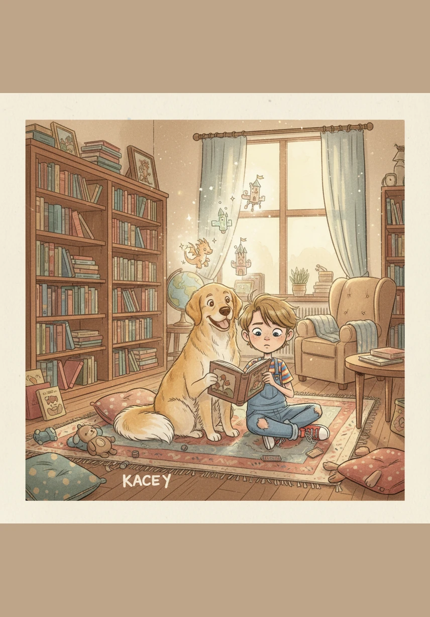 In the cozy school library, a special corner has been set up with a plush rug and colorful beanbags. The smell of old books and fresh paper fills the air, creating a calm and magical atmosphere. Kacey finds her spot on the rug and settles down, waiting for her first friend.