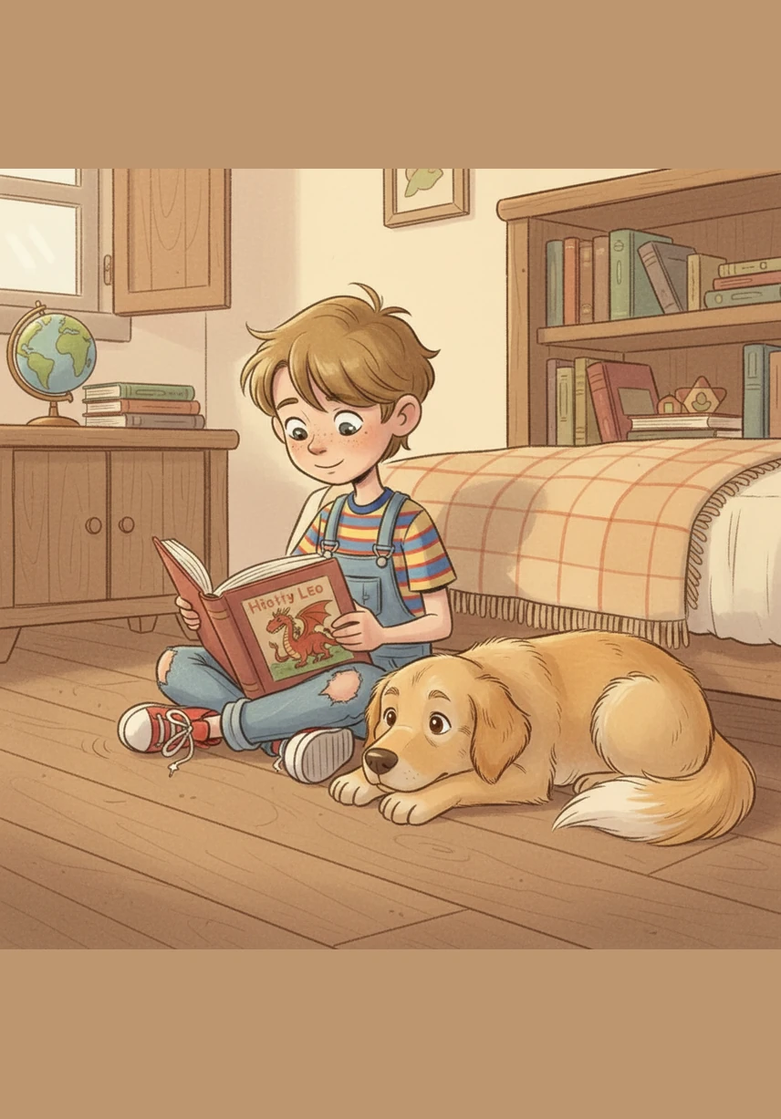 As Leo begins to read, his voice is quiet at first, but Kacey’s steady breathing helps him relax. She tilts her head as if she understands every word of the story about the brave dragon. Her tail thumps softly against the floor, encouraging him to keep going.