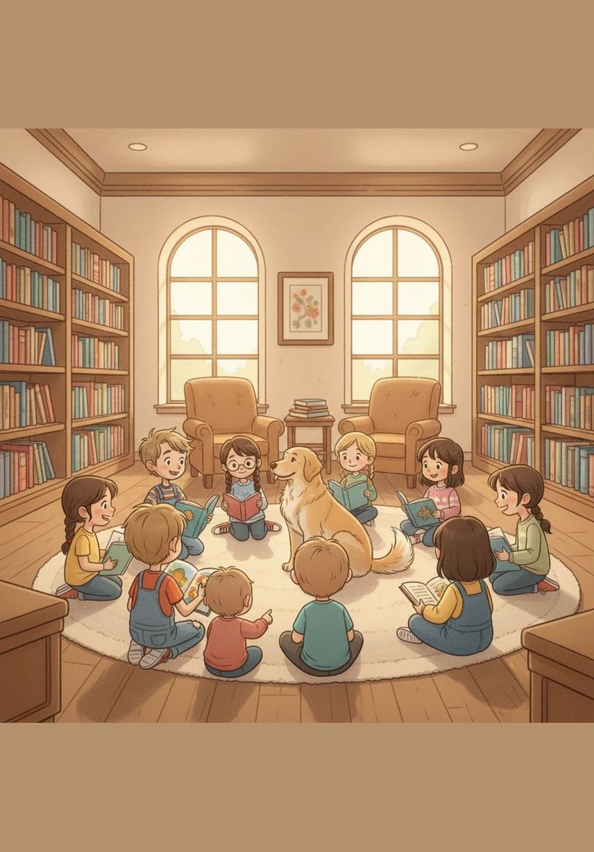 Soon, more children join the circle, each bringing their favorite story to share with their furry listener. Kacey remains patient and still, giving every child her full attention. The library is filled with the gentle melody of young voices and the comfort of a loyal friend.