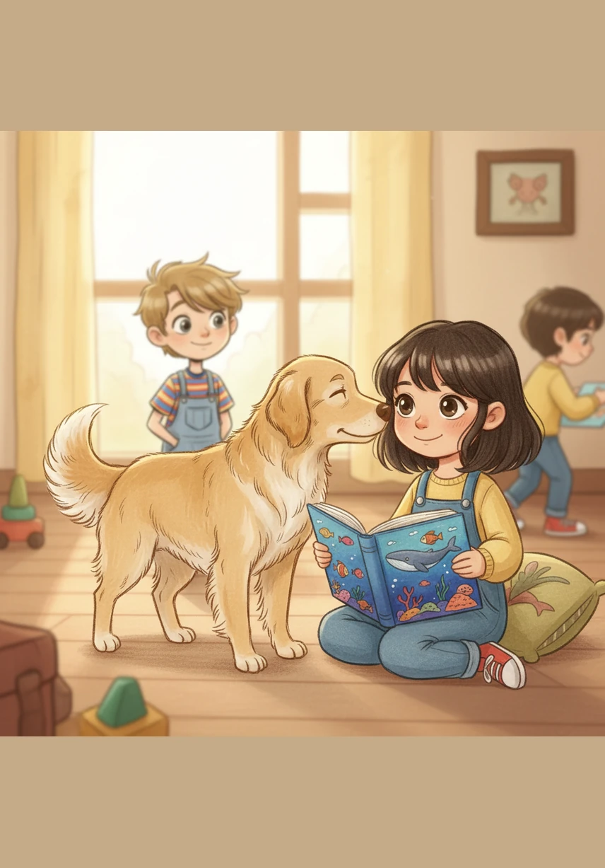 Kacey notices Maya sitting quietly in the back, looking a little unsure about joining the group. With a soft nudge of her wet nose, Kacey invites Maya to come closer. Maya smiles and opens a book filled with vibrant illustrations of the deep blue sea.