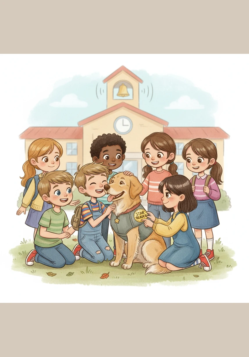 As the school bell rings, the children gather around to give Kacey gentle pats and whispered thank-yous. One student carefully places a Star Reader sticker on Kacey’s vest as a token of appreciation. Kacey licks a few hands, her heart full of the wonderful tales she heard today.