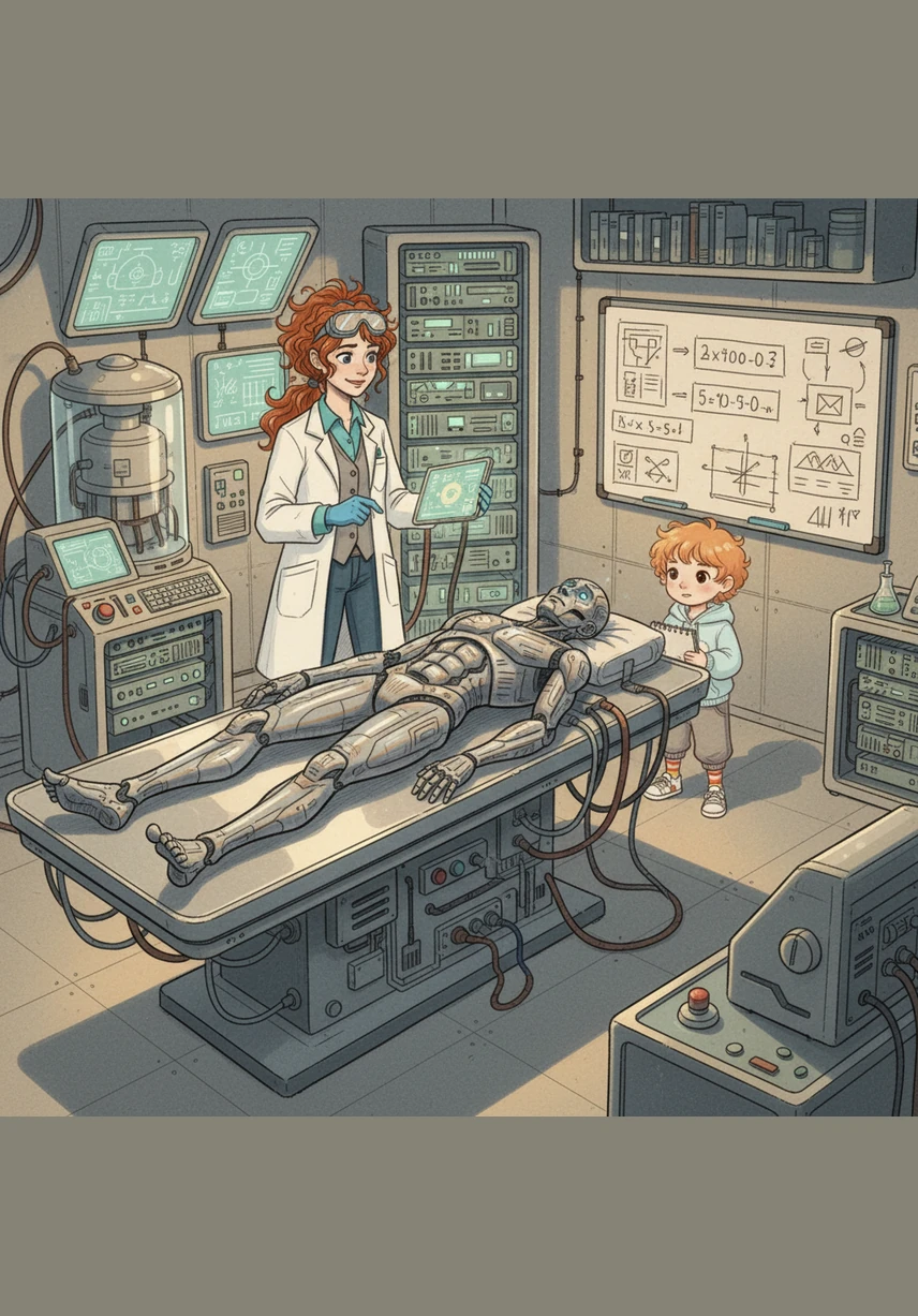 Aris awakens in a laboratory filled with soft blue light and humming servers. His digital eyes flicker to life as he processes his first independent thought, a spark of curiosity in a sea of binary code.