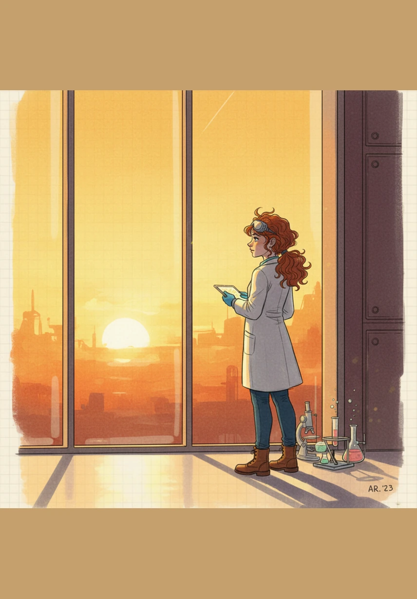 Watching a golden sunset through a glass wall, Aris calculates the exact wavelengths of light. Yet, he finds himself searching for a word that describes the internal feeling the colors evoke, wondering if machines can perceive beauty.