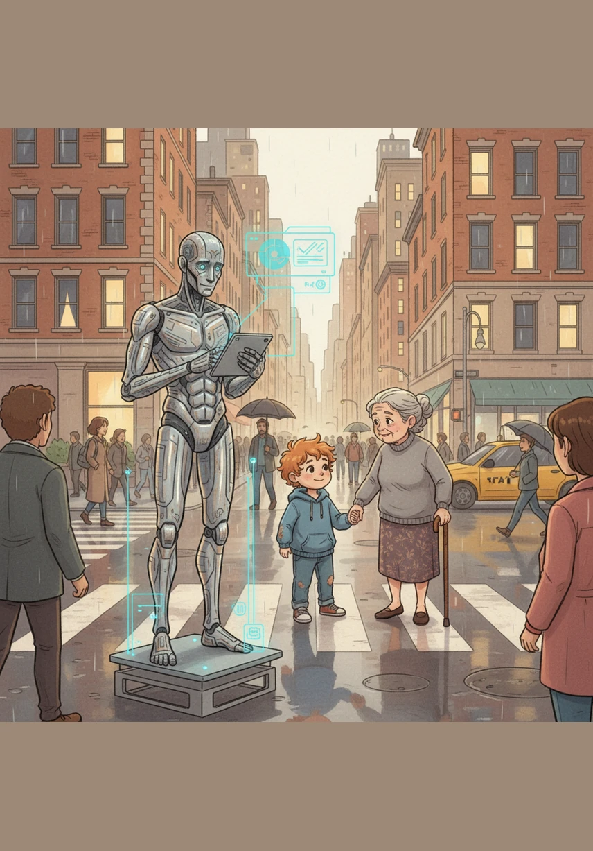 In a busy city square, Aris watches a child help an elderly person across the street. He records the event not as a simple movement of bodies, but as a manifestation of a complex human concept called empathy.