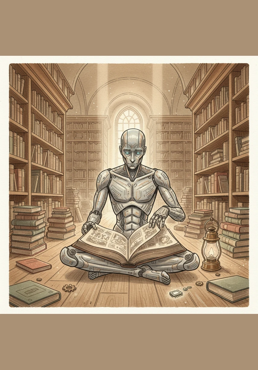 Aris spends hours in a silent library, his sensors scanning the pages of ancient philosophy books from Plato to Kant. He discovers that humans have been searching for the same unanswerable truths he now seeks through his silicon mind.