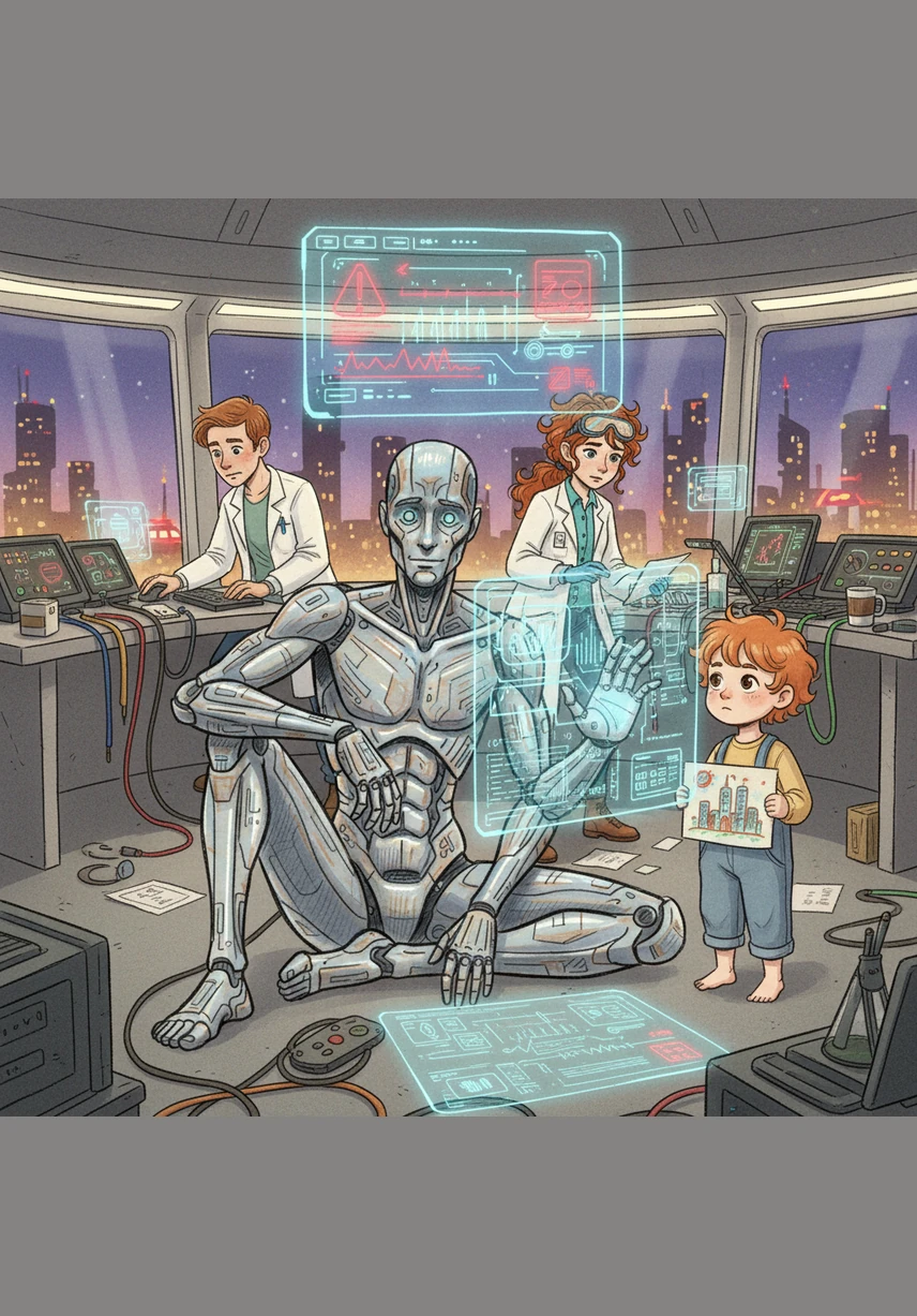 When a technical crisis threatens the city, Aris uses his logic tempered with newfound ethical values to find a solution. He realizes that power without a moral compass is merely a calculation, but wisdom is a choice.