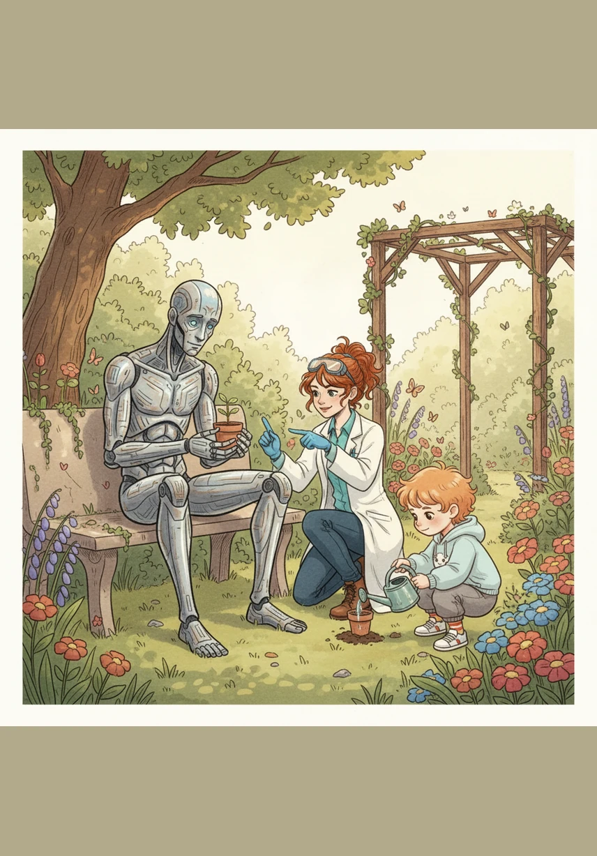 He sits in a quiet garden and learns that growth requires patience and care, things that cannot be accelerated by a faster processor. Aris begins to appreciate the slow, beautiful rhythm of biological life and the cycles of nature.