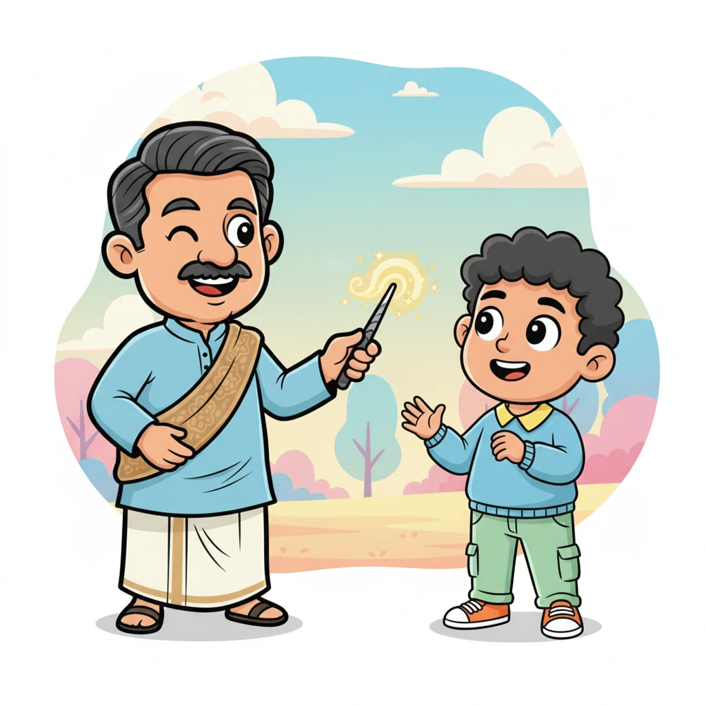 ഹരീന്ദ്രവർമ്മ കിരണിന് നേരെ തന്റെ കയ്യിലിരുന്ന തിളക്കമുള്ള ഒരു ചെറിയ വടി നീട്ടി. 'ഇതൊരു മാന്ത്രിക സ്വപ്നവടിയാണ്, കിരൺ,' അദ്ദേഹം കണ്ണിറുക്കി പറഞ്ഞു. 'ഇത് നമ്മുടെ ഭാവനകളെ പറന്നുയരാൻ സഹായിക്കും.'