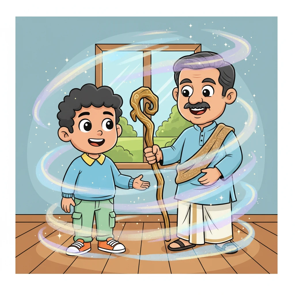 കൗതുകത്തോടെ കിരൺ ആ വടി ഹരീന്ദ്രവർമ്മയുടെ അടുത്തുനിന്ന് വാങ്ങി. ഇരുവരും ആ വടി പിടിച്ചപ്പോൾ മുറിയിൽ ഒരു നേർത്ത മാന്ത്രിക മൂടൽമഞ്ഞ് നിറഞ്ഞു. അത് പതുക്കെ കറങ്ങിത്തിരിഞ്ഞ് അവരെ പൊതിഞ്ഞു.