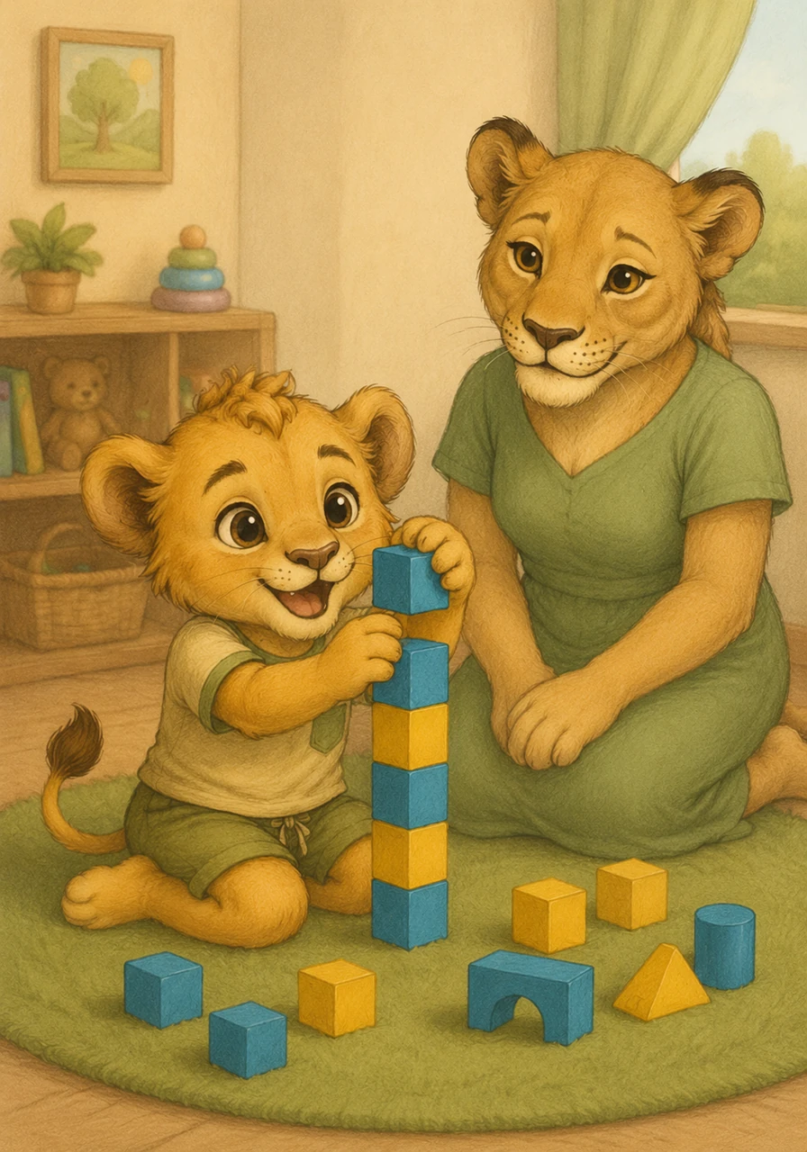 Leo the little lion sits on a soft green rug, carefully stacking bright blue and yellow blocks. He is very proud of his tall tower and has a big, happy smile on his face.