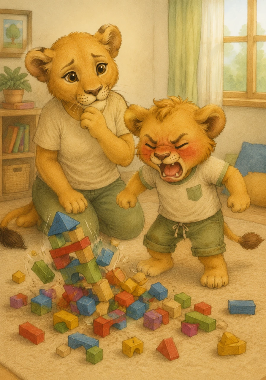 Suddenly, the tower wobbles and crashes to the floor with a loud clatter. Leo’s face turns red, his eyebrows bunch up, and he feels a big grump starting to grow in his tummy.