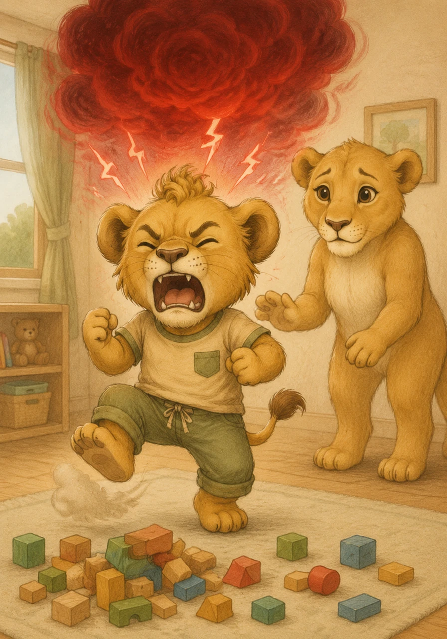 Inside Leo, a big red stormy cloud grows bigger and louder. He feels like he wants to stomp his feet and let out a very frustrated roar because his tower is gone.