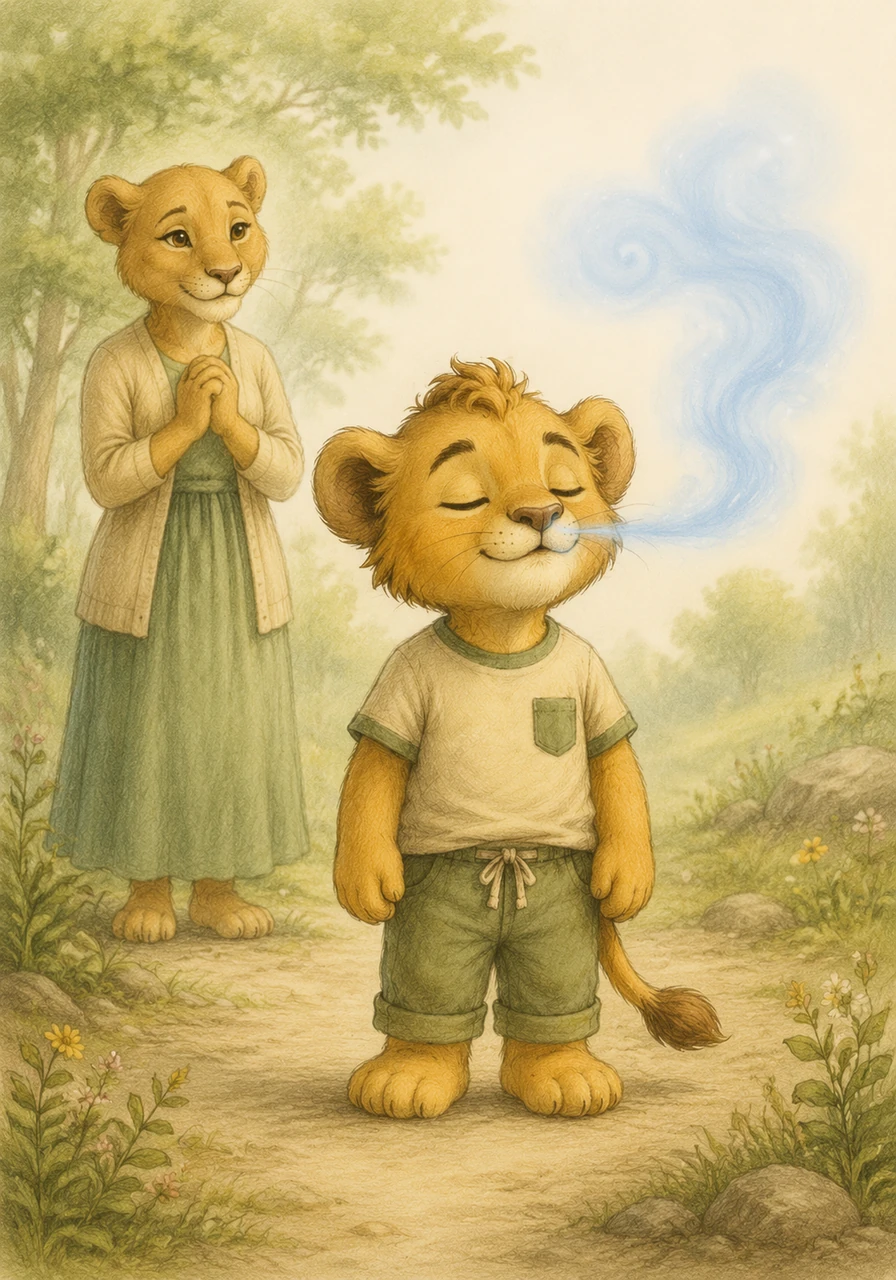 As he breathes, the big red cloud slowly turns into a soft blue mist and floats away. Leo feels his hands relax and his heart becomes quiet and peaceful once again.