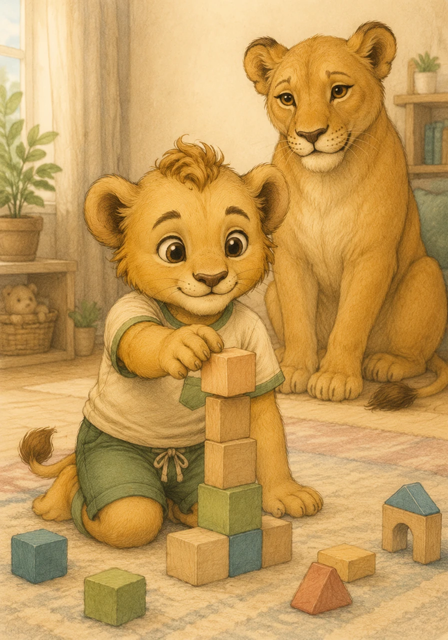 Leo reaches for a wooden block and begins to build a new tower with a calm smile. He knows that even if things fall, he can just take a deep breath and try again.