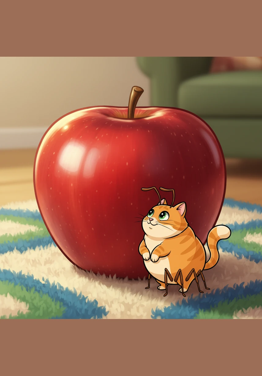 Annie the Ant discovers a giant, shiny red apple resting on the soft green grass. She stands next to the fruit, looking tiny but very excited about her big find in the bright morning sun.