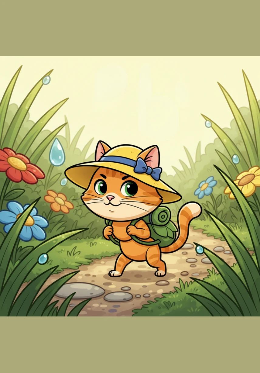 To protect herself from the hot sun, Annie puts on a tiny yellow sun hat. She looks very stylish as she prepares for her long journey across the backyard garden.