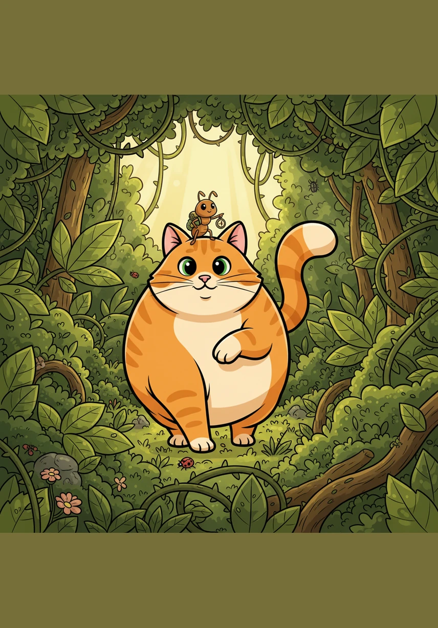 Annie and her new cat friend walk together through a thick patch of tall green grass. The blades of grass tower over Annie like giant trees as they march forward toward the garden fence.