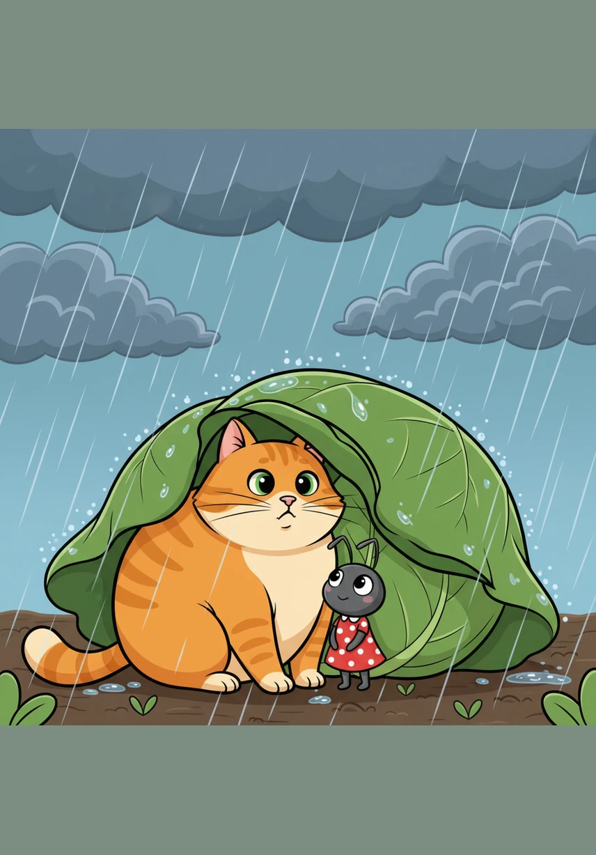 Suddenly, dark clouds gather and big raindrops start to fall from the sky. Annie and the cat quickly take cover under a giant, waxy green cabbage leaf until the rain stops.