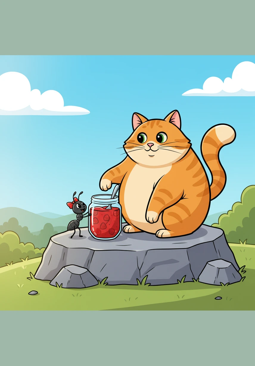 Once the sky clears, they sit together on a flat rock to share a tasty snack of sweet strawberry jam. They are both very glad to have a new friend to share their afternoon meal with.