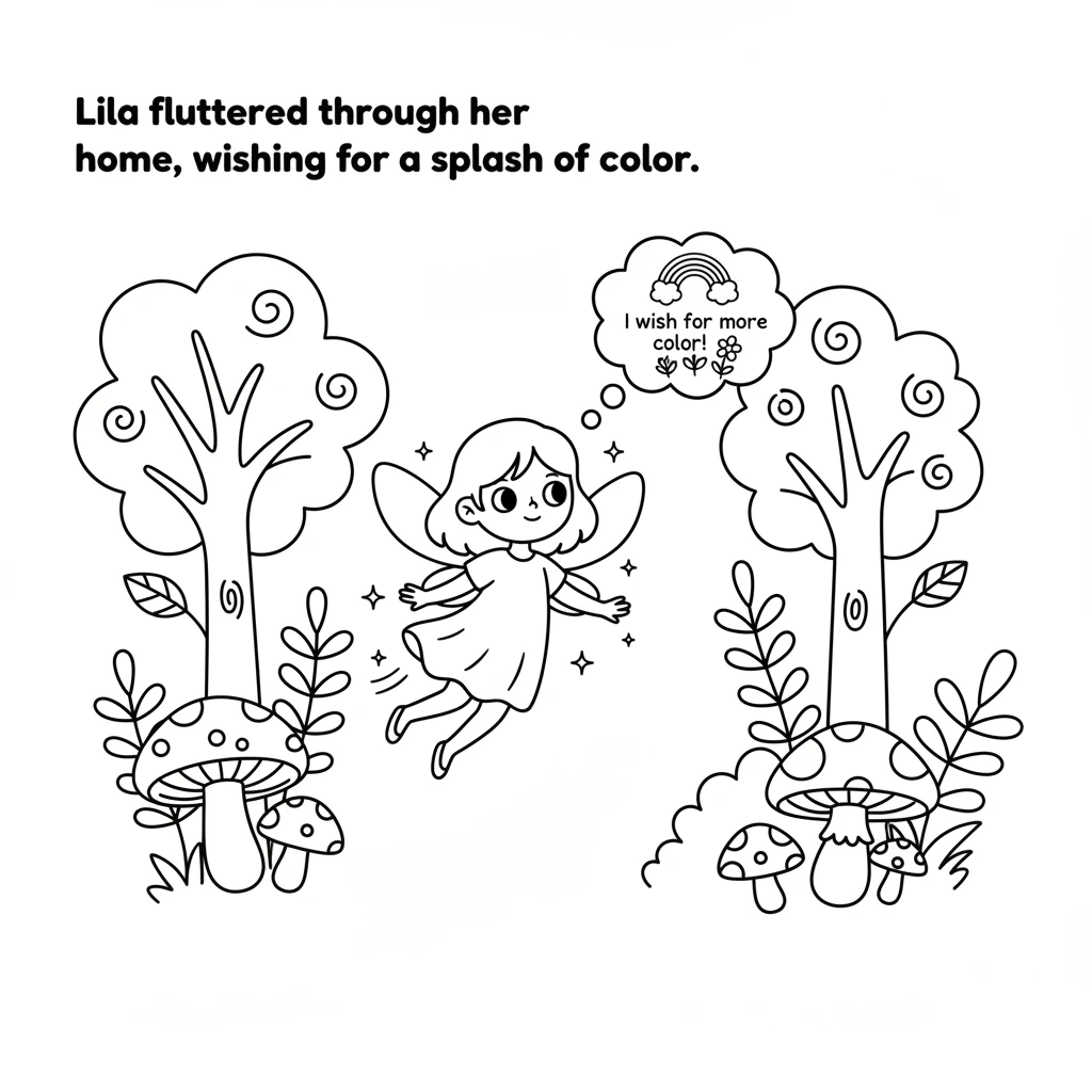 Lila Sparklewing, a tiny fairy with a big heart, fluttered through her green forest home. She loved her world, but sometimes wished for a splash more