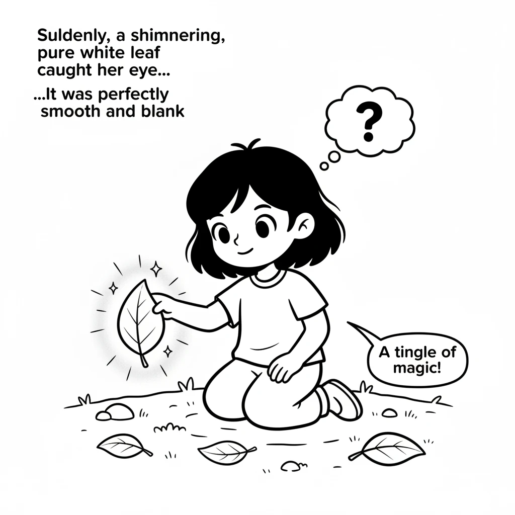 Suddenly, a shimmering, pure white leaf caught her eye, glowing softly on the forest floor. It was perfectly smooth and completely blank, unlike any o