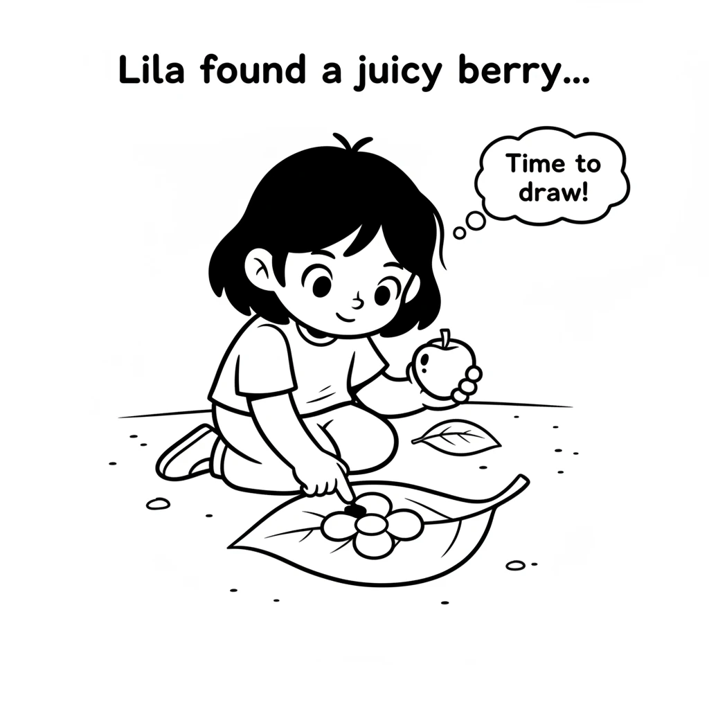 Lila found a juicy, bright red berry and squeezed a drop of its juice onto the white leaf. With her tiny finger, she carefully drew a simple, round fl