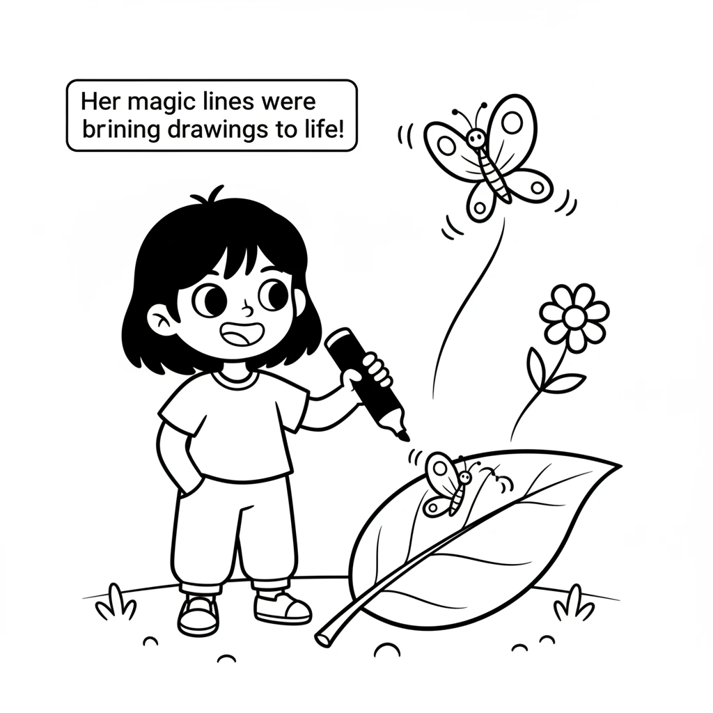 Filled with excitement, Lila quickly drew a simple butterfly on the leaf. Just like the flower, it fluttered its new wings and danced into the sky. He