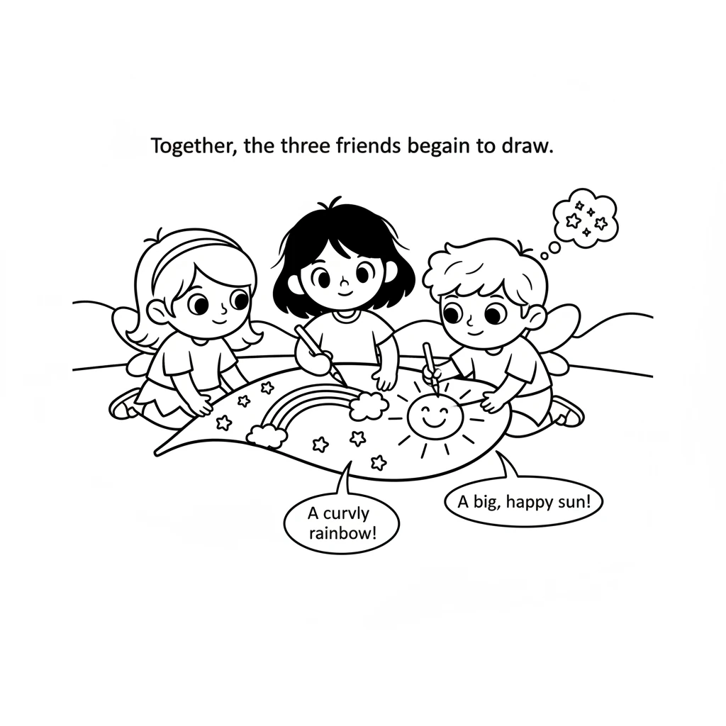 Together, the three friends began to draw. Pip drew a big, happy sun, while Dot added a curvy rainbow. Lila drew tiny, sparkling stars, filling the le
