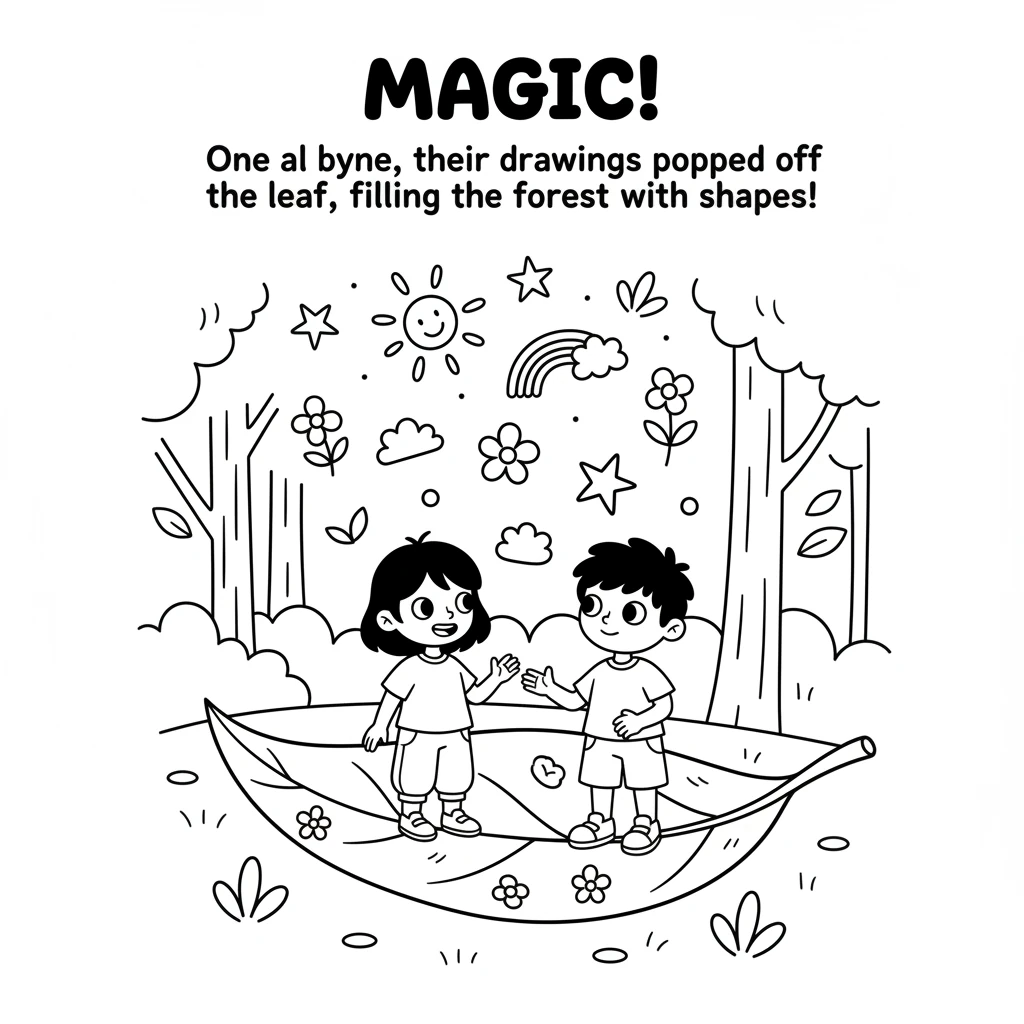 One by one, their drawings popped off the leaf, filling the forest with a kaleidoscope of vibrant, floating shapes. A bright sun shone, a rainbow arch