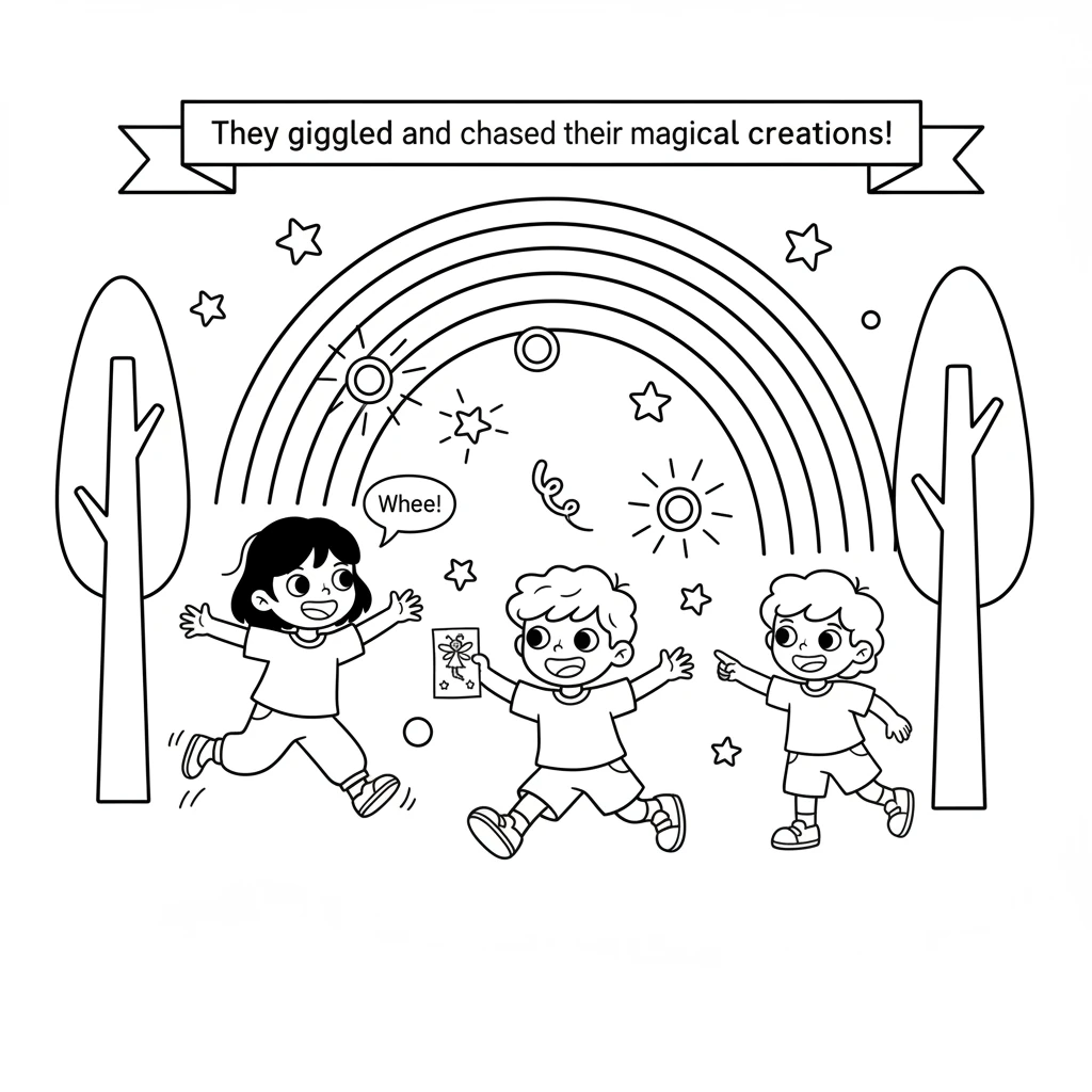 Lila, Pip, and Dot giggled and chased their new, magical creations through the forest. They flew through the rainbow and spun with the stars, delighte