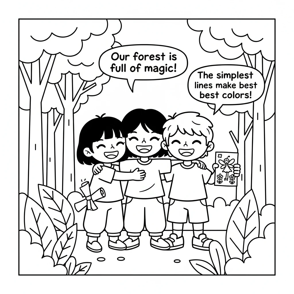 Lila hugged her friends, realizing that even the simplest lines could create the most wonderful, colorful magic. Her forest was now a joyful, vibrant