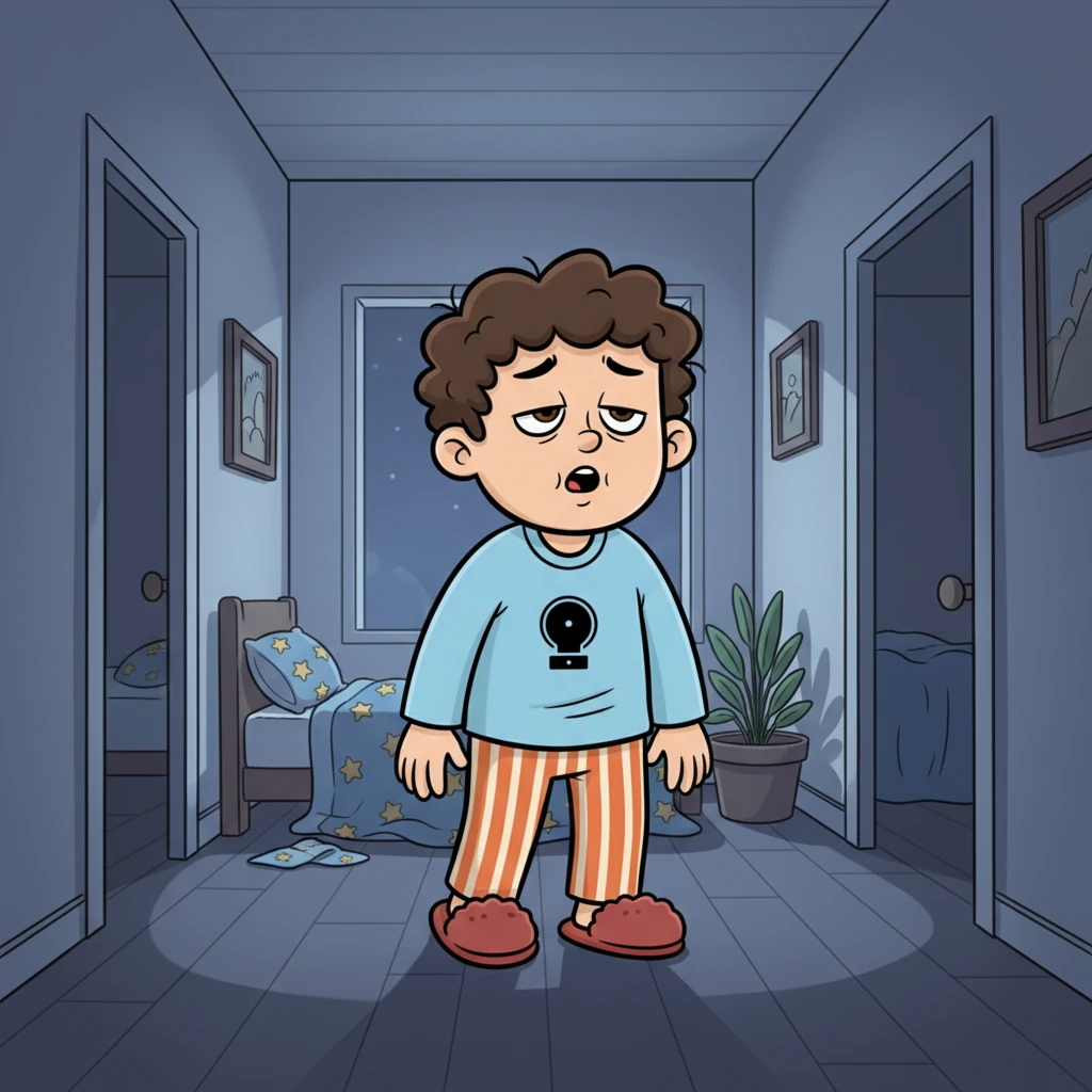 Just as he was about to doze off, exactly one minute later, the 'chirp' came again, clear as a bell. With a dramatic sigh, Mark kicked off his warm blankets, his feet thudding onto the cool floor. He shuffled sleepily out of his bedroom and into the dim hallway.