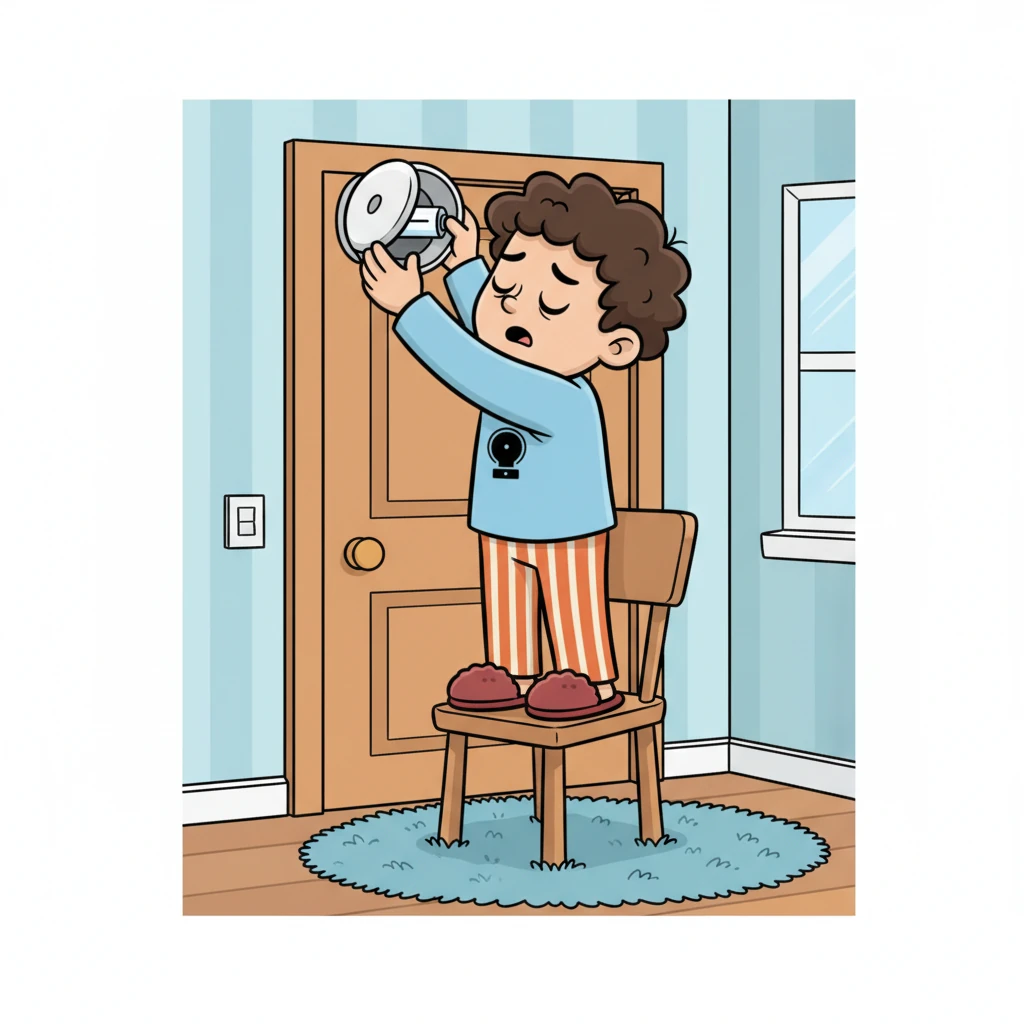 He found the culprit mounted high above the guest bedroom door. Grabbing a wobbly chair, Mark carefully climbed up, his sleepy face scrunched in concentration. He twisted the alarm's cover off, only to find a shiny, brand-new battery inside, looking perfectly fine.