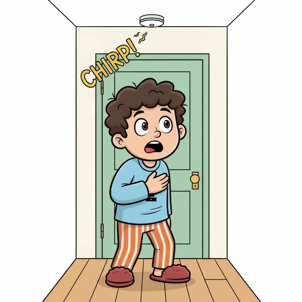 Taking a deep breath, Mark cautiously stepped forward and firmly pushed the guest bedroom door shut with a soft click. He turned to leave, feeling a tiny bit braver, when suddenly, right behind him, the smoke alarm chirped again. Just one single, startling 'chirp'.