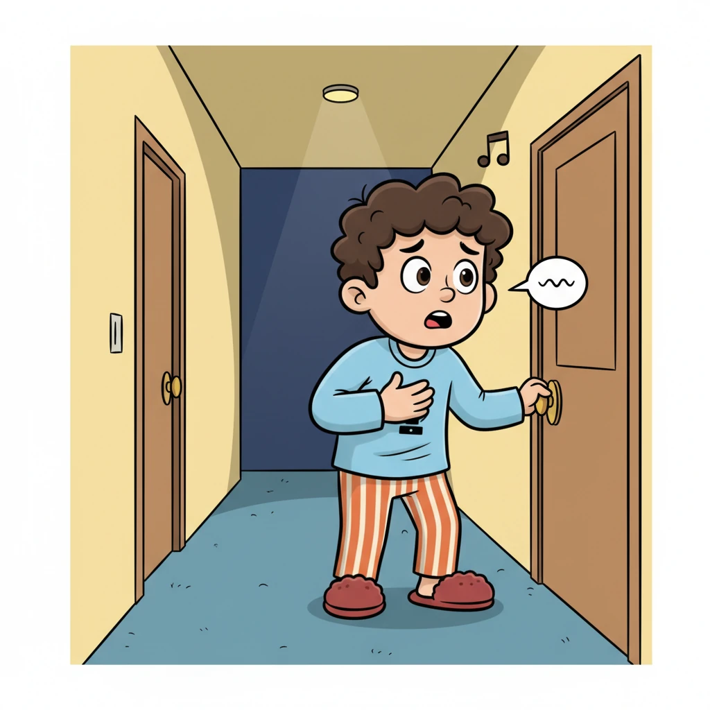 The chirp came once more, a lonely sound in the quiet hallway. But this time, it wasn't alone. From inside the guest room, right behind the door Mark had just closed, a soft, almost polite, breathing sound answered it. Mark's heart began to thump-thump-thump.