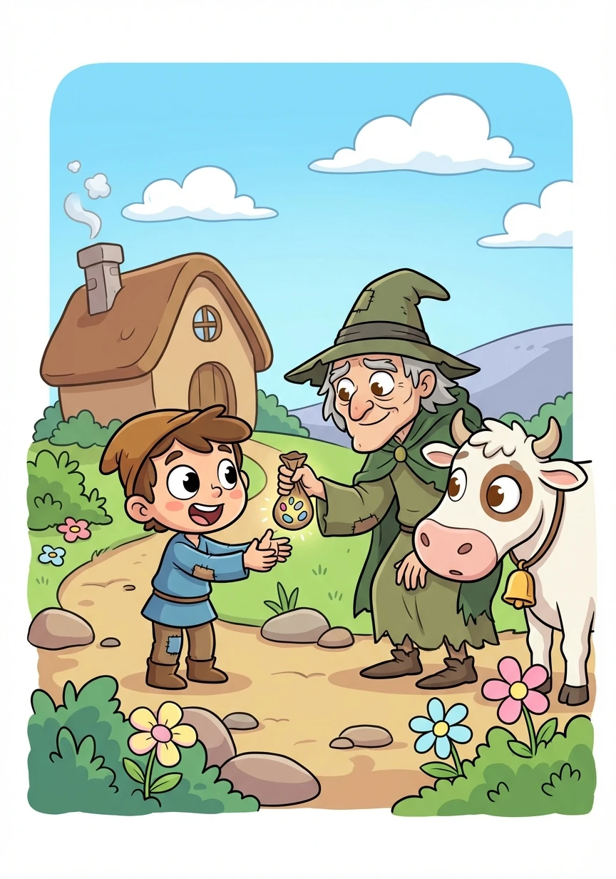 On the way to market, Jack met a mysterious old man who offered him magic beans in exchange for Milky-White. Jack excitedly agreed.