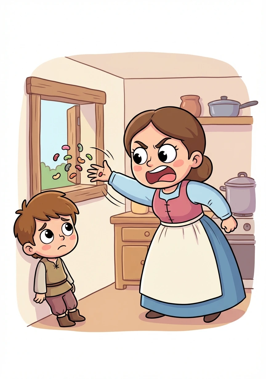 Jack's mother was furious when she discovered he'd traded their cow for beans! She threw them out the window in anger.