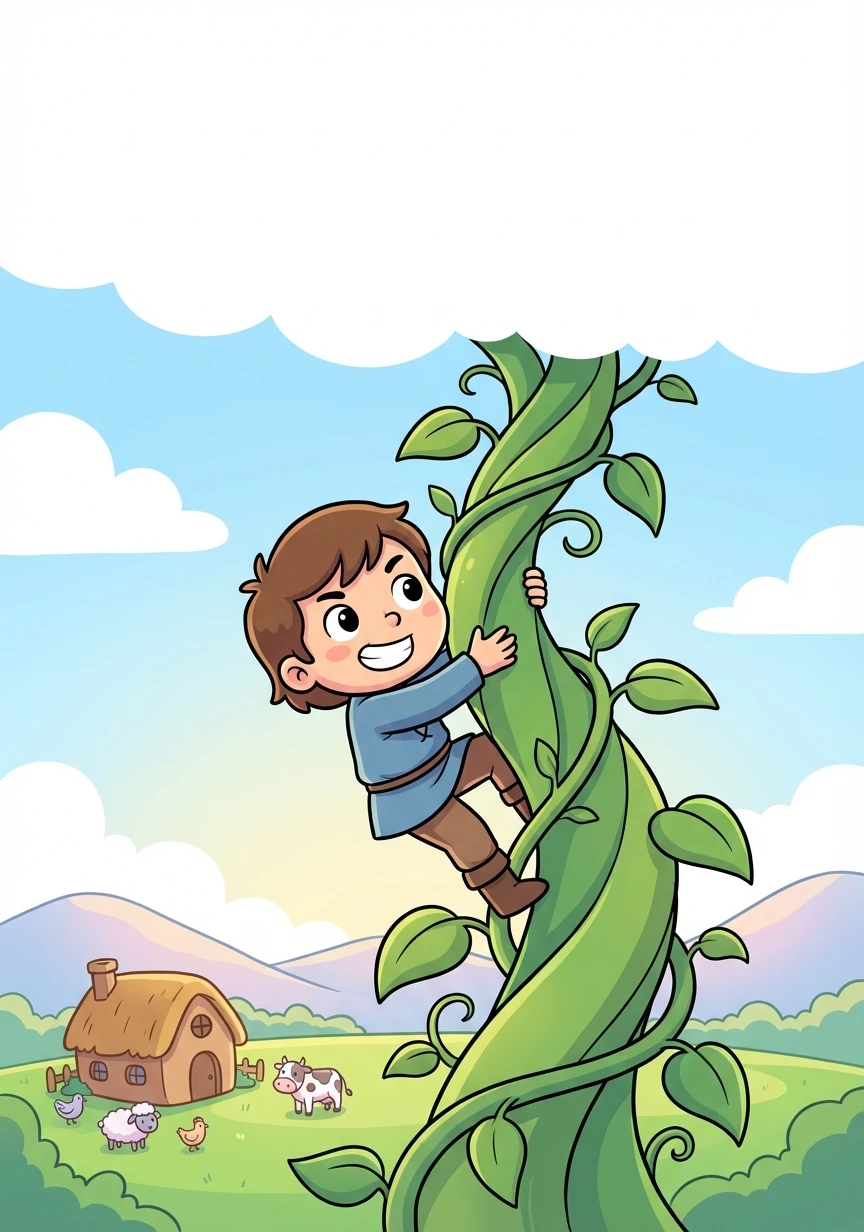The next morning, a giant beanstalk had grown overnight, reaching high into the sky! Jack decided to climb it.