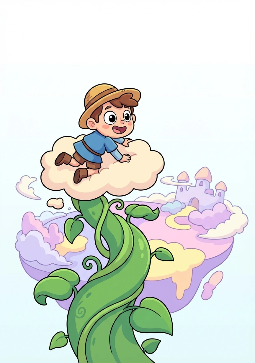 Jack climbed and climbed, higher and higher than he ever imagined. Finally, he reached the top and found himself in a strange land.