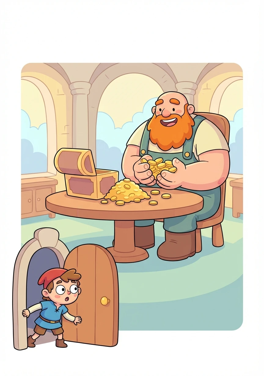 He discovered a huge castle where a giant lived. Jack peeked inside and saw the giant counting gold coins.