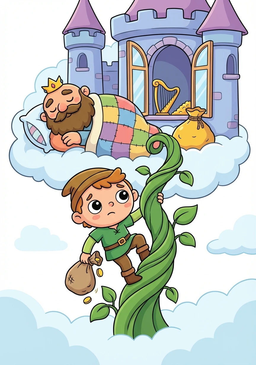Jack crept into the castle and stole a bag of gold while the giant was napping. He quickly climbed back down the beanstalk.