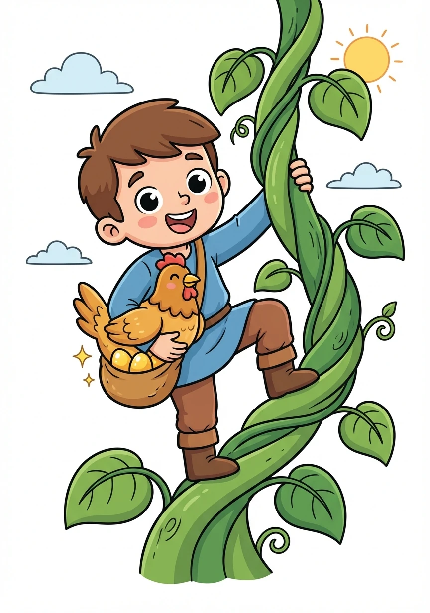 The next day, Jack climbed the beanstalk again and stole a magical hen that laid golden eggs.