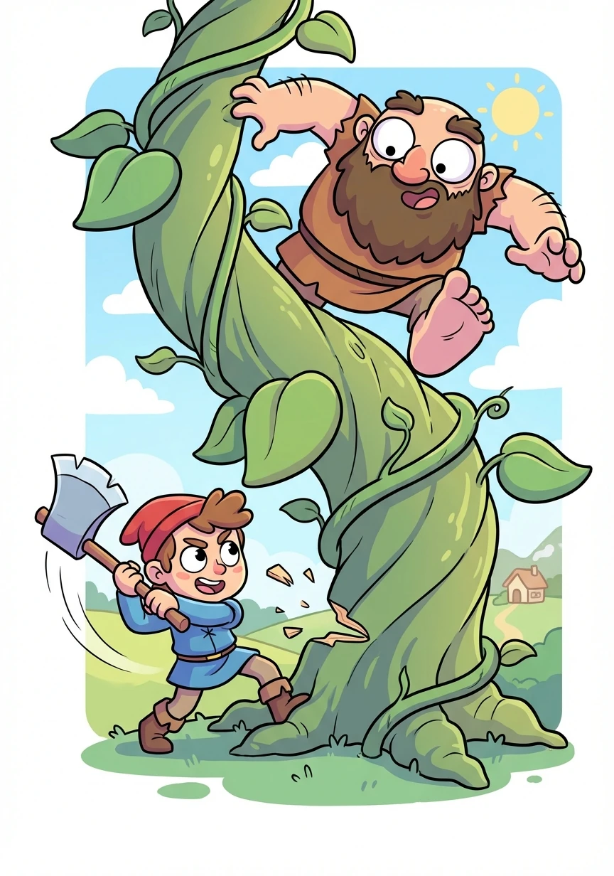 The giant woke up and chased Jack down the beanstalk. Jack chopped down the beanstalk with an axe.