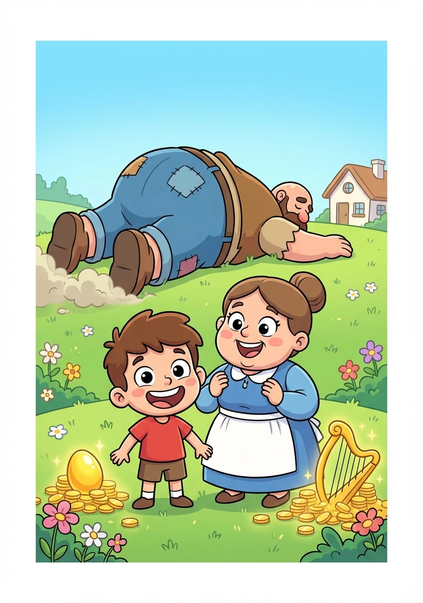 The giant fell to the ground with a crash, and Jack and his mother lived happily ever after with their gold and golden eggs.