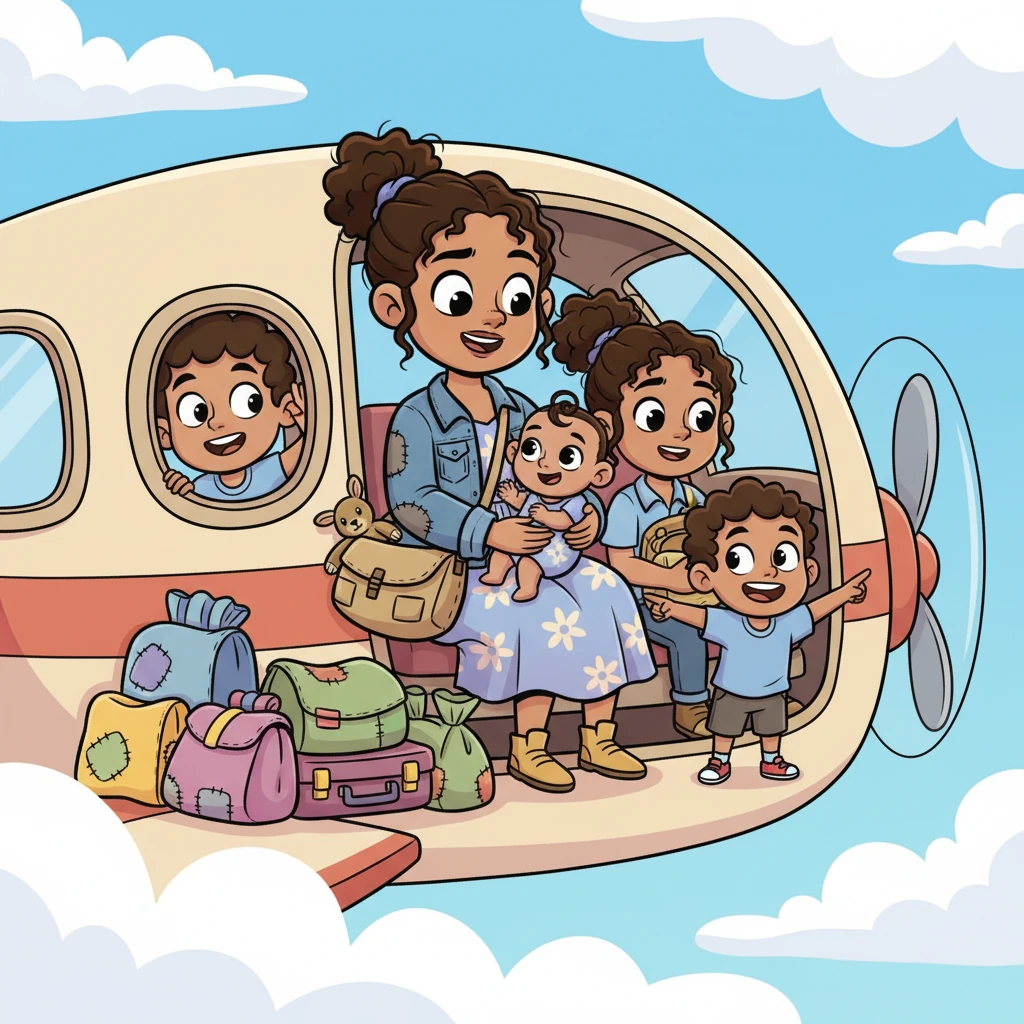 In a small house, Elena and her four children, Leo, Mia, Sam, and Lily, longed for a happier life away from their father's constant anger. With a brave heart, Elena decided it was time for a new beginning. They packed their bags, full of hope, and boarded a small airplane, leaving their old worries behind.
